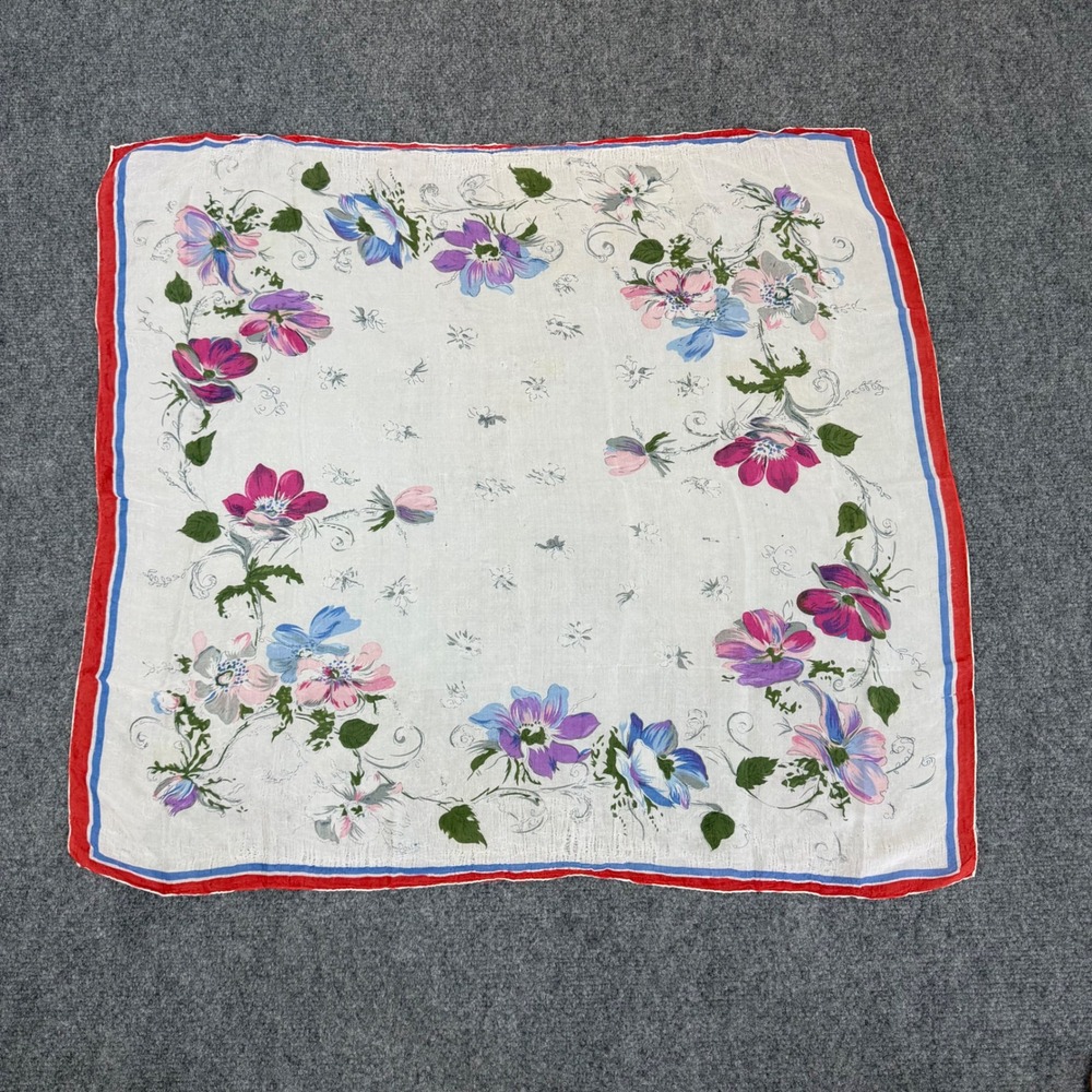 Vintage Floral Handkerchief Scarf White Pink Blue Anemone Flower Red Blue Border